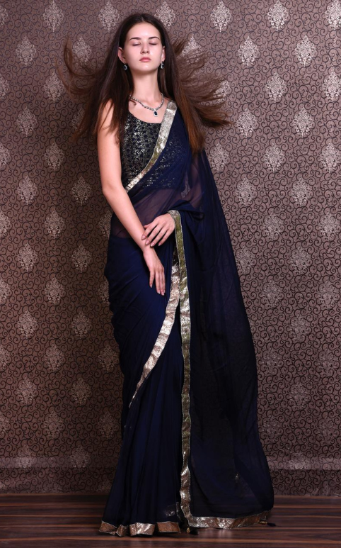 Meenakkshi Mackar Chiffon Blouse in Navy Blue Colour